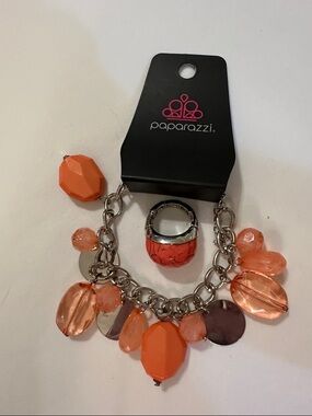 Paparazzi Orange & Silver Charm Bracelet - stretchy OS matching ring (Set of 2)